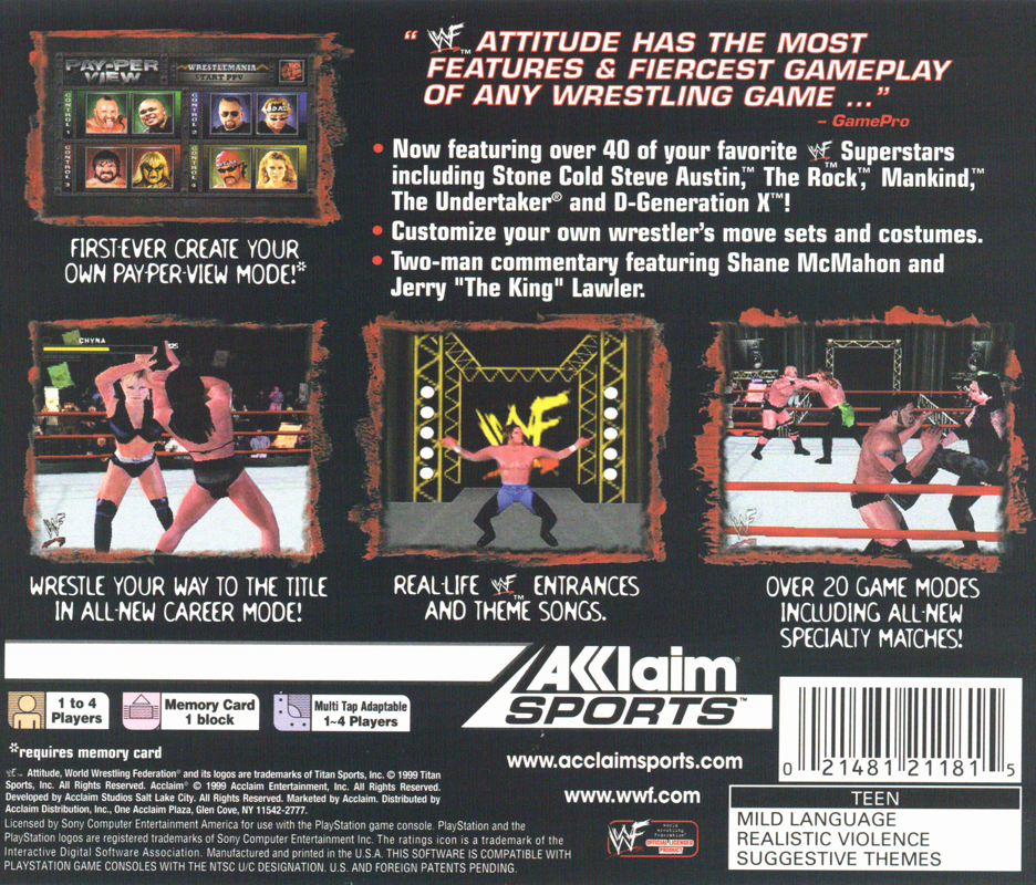 
WWF Attitude | PlayStation | back cover | Region: North America | source-country=United States | Data by MobyGames.com