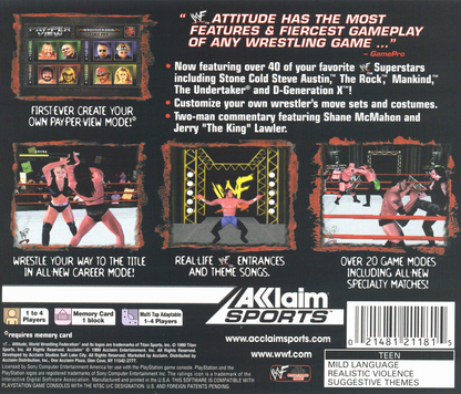 
WWF Attitude | PlayStation | back cover | Region: North America | source-country=United States | Data by MobyGames.com
