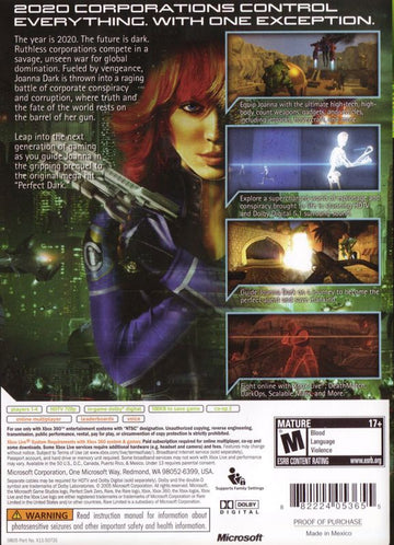 
Perfect Dark Zero | Xbox 360 | back cover | Region: North America | source-country=Canada,United States | Data by MobyGames.com