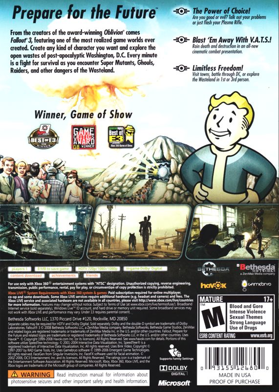 Fallout 3 | Xbox 360 | back cover | region=North America | source-country=United States | zypher-v2 | moby-50aafa5e8ce1 | Data by MobyGames.com