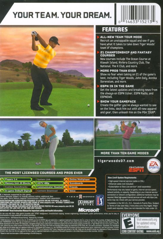 Tiger Woods PGA Tour 07 | Xbox | back cover | region=North America | source-country=United States | zypher-v2 | moby-d6da4904de9c | Data by MobyGames.com
