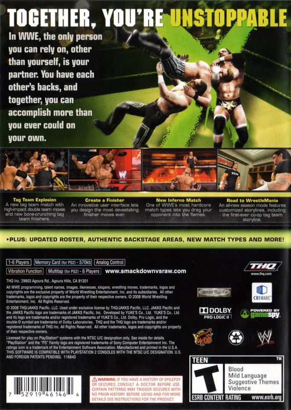 WWE Smackdown vs. Raw 2009 | PlayStation 2 | back cover | region=North America | source-country=United States | zypher-v2 | moby-a13501cc3e99 | Data by MobyGames.com