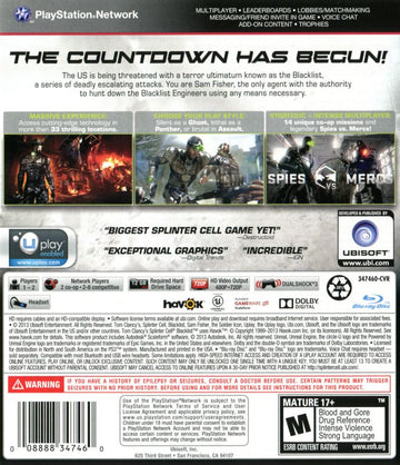 Tom Clancy's Splinter Cell: Blacklist | PlayStation 3 | back cover | region=North America | source-country=United States | zypher-v2 | moby-22dce8fa94b6 | Data by MobyGames.com