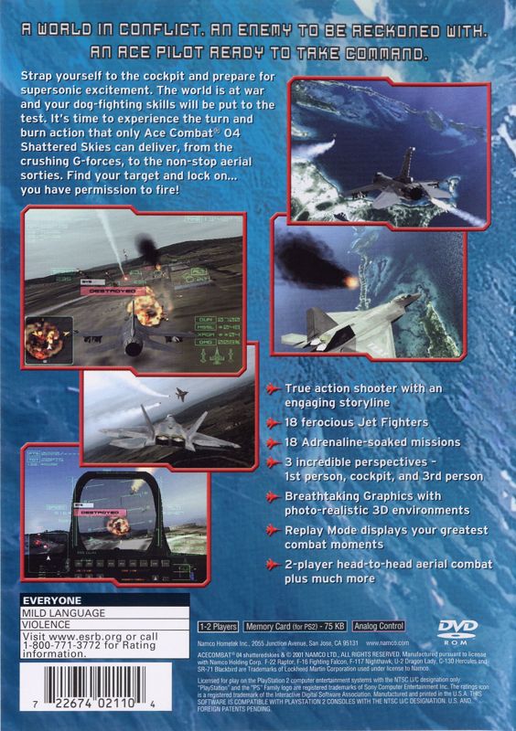Ace Combat 04: Shattered Skies | PlayStation 2 | back cover | region=North America | source-country=United States | zypher-v2 | moby-b1649b9e7abe | Data by MobyGames.com