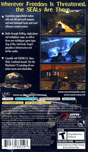 SOCOM: U.S. Navy SEALs - Fireteam Bravo 2 | PSP | back cover | region=North America | source-country=United States | zypher-v2 | moby-b3f7ffdaeaef | Data by MobyGames.com