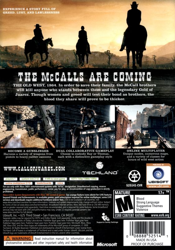 Call of Juarez: Bound in Blood | Xbox 360 | back cover | Region: North America | source-country=United States | Data by MobyGames.com