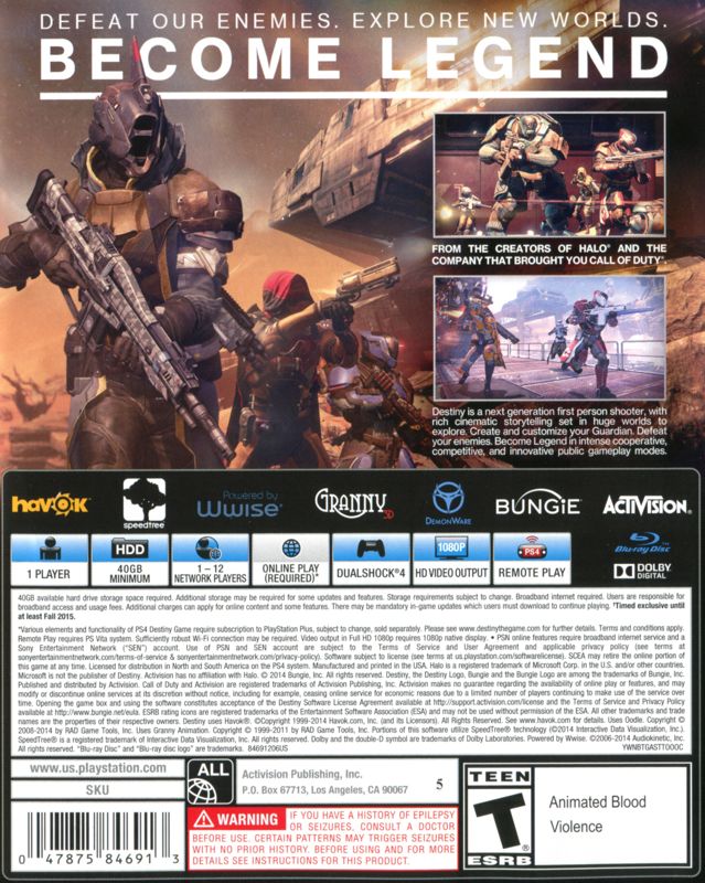 Destiny | PlayStation 4 | back cover | Region: North America | source-country=United States | Data by MobyGames.com