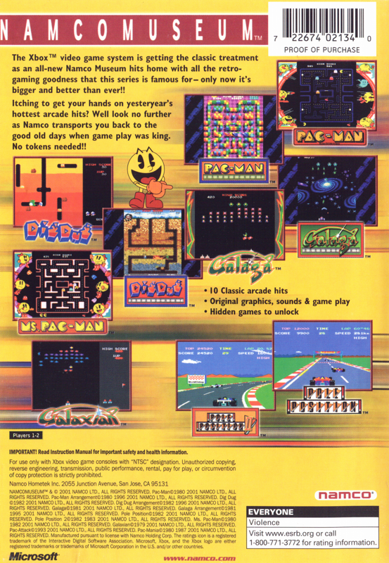 
Namco Museum | Xbox | back cover | Region: North America | source-country=United States | Data by MobyGames.com