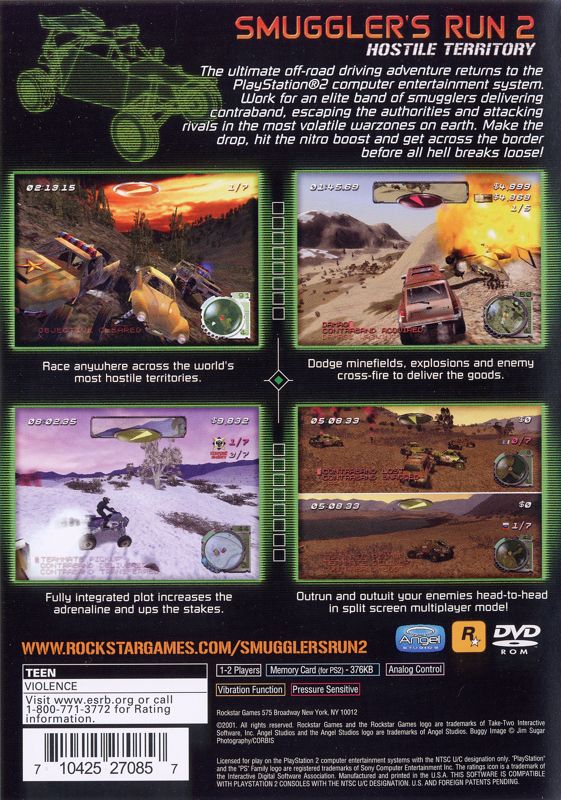 Smuggler's Run 2: Hostile Territory | PlayStation 2 | back cover | region=North America | source-country=Canada,United States | zypher-v2 | moby-fc70d6df356e | Data by MobyGames.com
