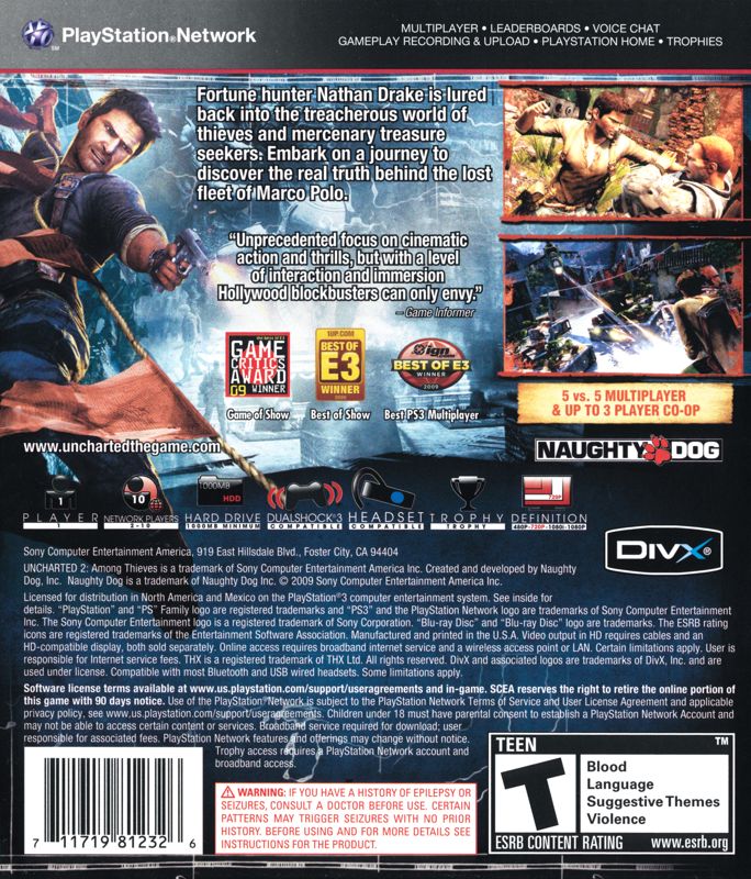 
Uncharted 2: Among Thieves | PlayStation 3 | back cover | Region: North America | source-country=Canada,United States | Data by MobyGames.com