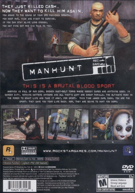 Manhunt | PlayStation 2 | back cover | Region: North America | source-country=Canada,United States | Data by MobyGames.com