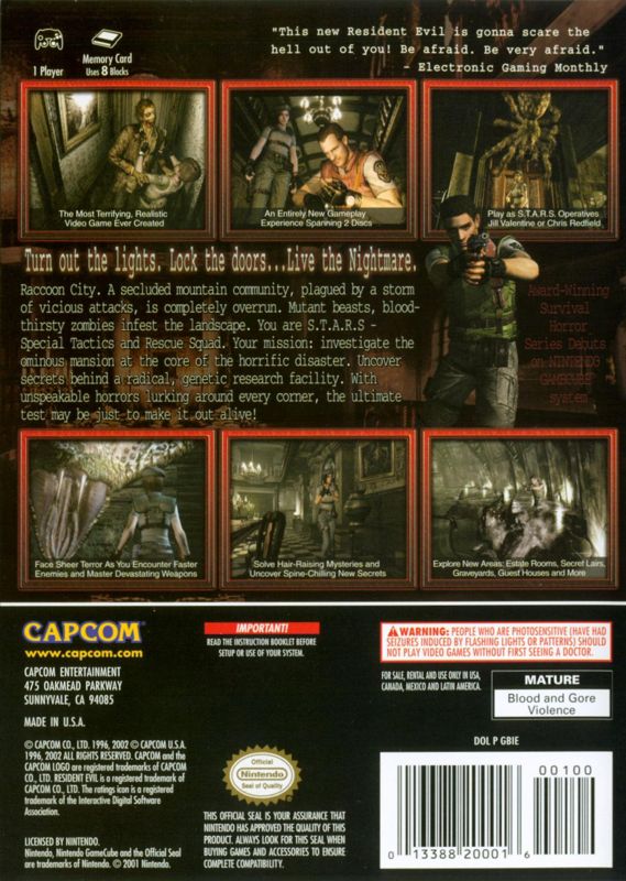 Resident Evil | GameCube | back cover | region=North America | source-country=Canada,Mexico,United States | zypher-v2 | moby-a8a4ef002e93 | Data by MobyGames.com