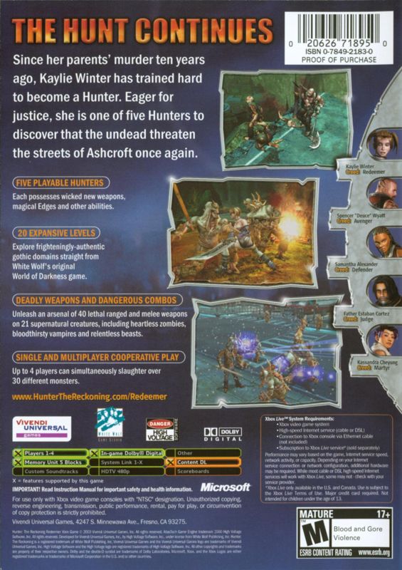 
Hunter: The Reckoning - Redeemer | Xbox | back cover | Data by MobyGames.com