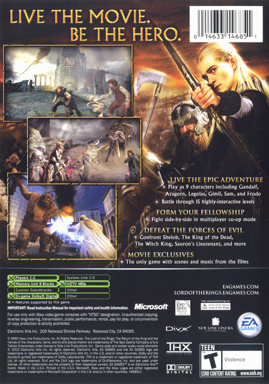 The Lord of the Rings: The Return of the King | Xbox | back cover | region=North America | source-country=United States | zypher-v2 | moby-67b7d56e5bc3 | Data by MobyGames.com