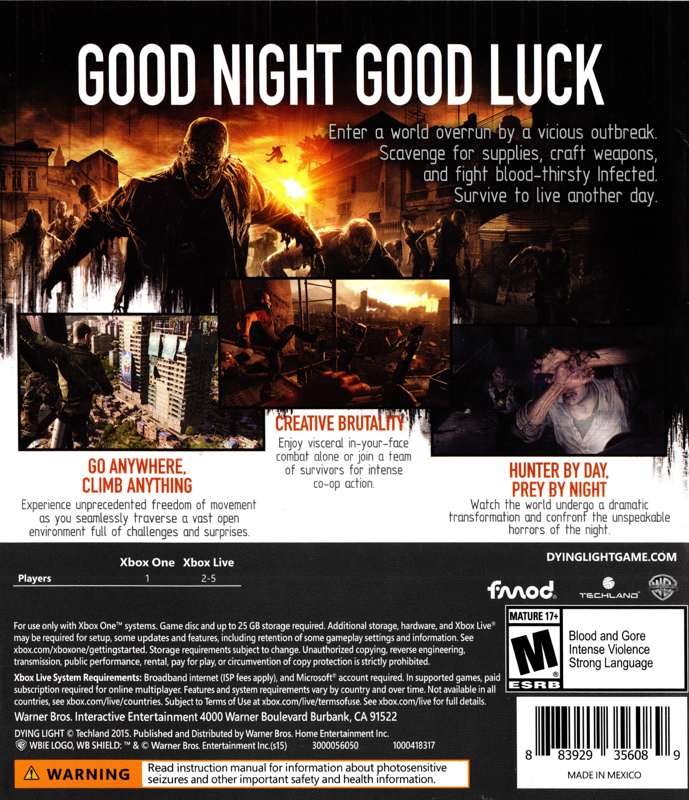 Dying Light: Anniversary Edition | Xbox One | back cover | Region: North America | source-country=United States | Data by MobyGames.com