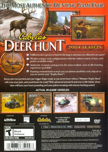 
Cabela's Deer Hunt: 2004 Season | PlayStation 2 | back cover | Region: North America | source-country=Canada,United States | Data by MobyGames.com
