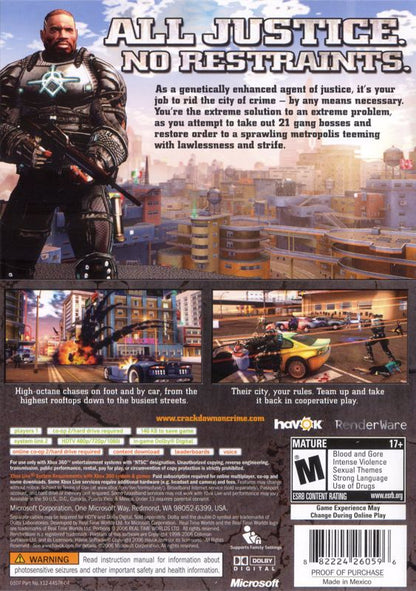 
Crackdown | Xbox 360 | back cover | Region: North America | source-country=United States | Data by MobyGames.com