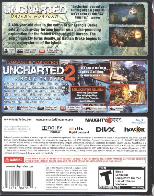 Uncharted: Dual Pack | PlayStation 3 | back cover | Region: North America | source-country=United States | Data by MobyGames.com