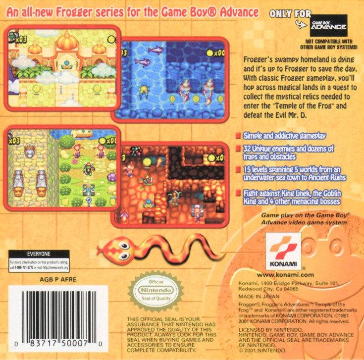 
Frogger's Adventures: Temple of the Frog | Game Boy Advance | back cover | Data by MobyGames.com