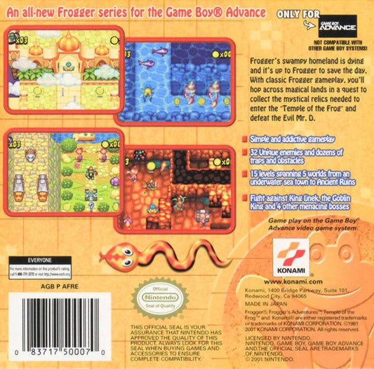 
Frogger's Adventures: Temple of the Frog | Game Boy Advance | back cover | Data by MobyGames.com