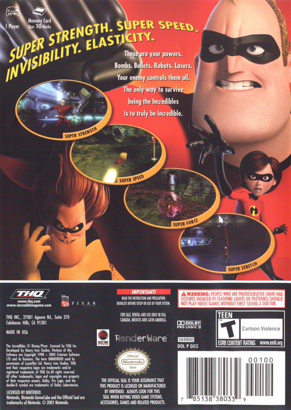 The Incredibles | GameCube | back cover | region=North America | source-country=United States | zypher-v2 | moby-cf588f2f89eb | Data by MobyGames.com