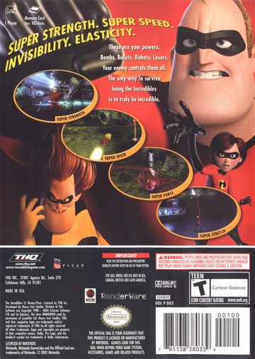 The Incredibles | GameCube | back cover | region=North America | source-country=United States | zypher-v2 | moby-cf588f2f89eb | Data by MobyGames.com