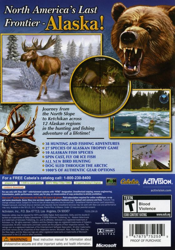 Cabela's Alaskan Adventures | Xbox 360 | back cover | region=North America | source-country=United States | zypher-v2 | moby-af3b0aa47c9b | Data by MobyGames.com