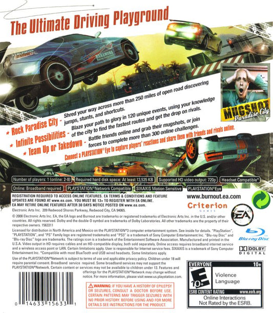 Burnout: Paradise | PlayStation 3 | back cover | region=North America | source-country=Canada,Mexico,United States | zypher-v2 | moby-820f6e2dd604 | Data by MobyGames.com