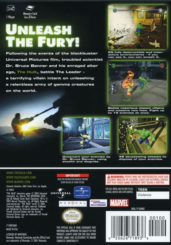 Hulk | GameCube | back cover | region=North America | source-country=United States | zypher-v2 | moby-4222d98ce85a | Data by MobyGames.com