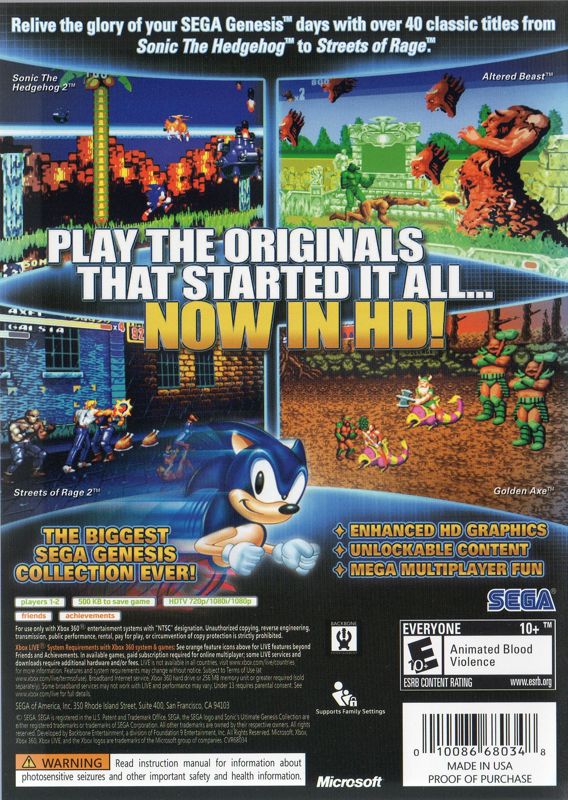 Sonic's Ultimate Genesis Collection | Xbox 360 | back cover | region=North America | source-country=United States | zypher-v2 | moby-791ec1780639 | Data by MobyGames.com