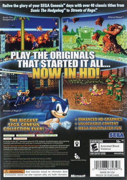 Sonic's Ultimate Genesis Collection | Xbox 360 | back cover | region=North America | source-country=United States | zypher-v2 | moby-791ec1780639 | Data by MobyGames.com