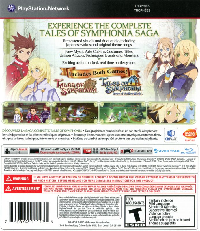 Tales of Symphonia Chronicles | PlayStation 3 | back cover | region=North America | source-country=Canada | zypher-v2 | moby-57675ec21be0 | Data by MobyGames.com