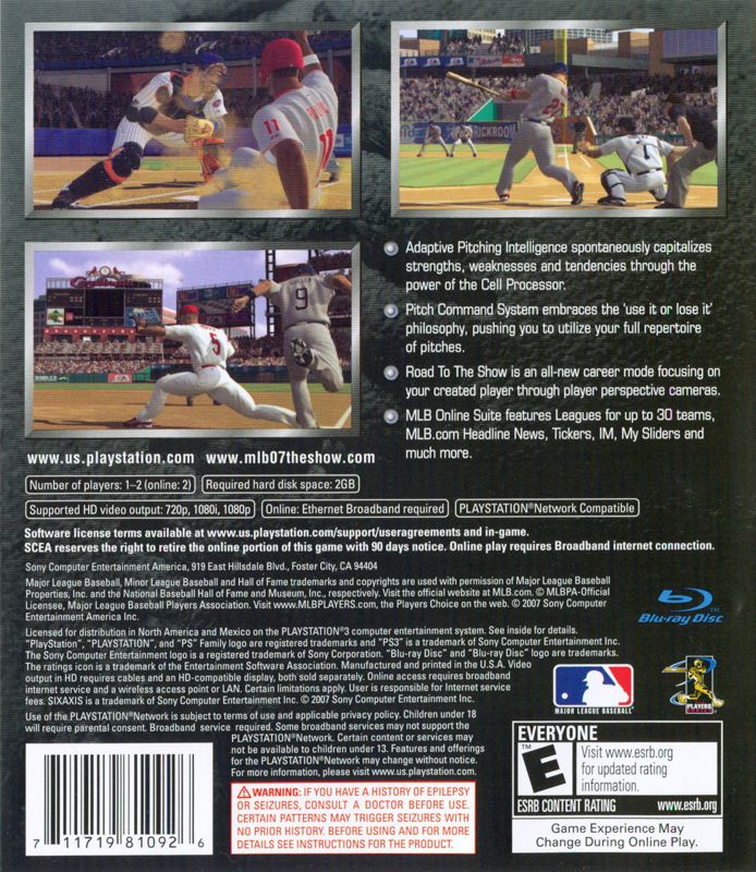 MLB 07: The Show | PlayStation 3 | back cover | region=North America | source-country=Canada,United States | zypher-v2 | moby-efdb44aa597e | Data by MobyGames.com
