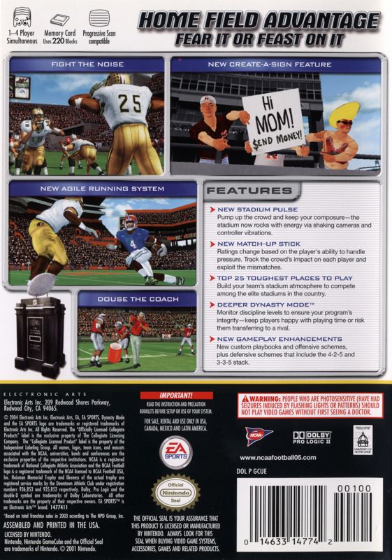NCAA Football 2005 | GameCube | back cover | region=North America | source-country=United States | zypher-v2 | moby-ecbca212d692 | Data by MobyGames.com