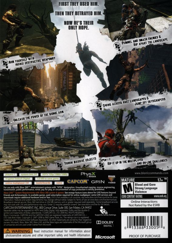 Bionic Commando | Xbox 360 | back cover | Region: North America | source-country=United States | Data by MobyGames.com