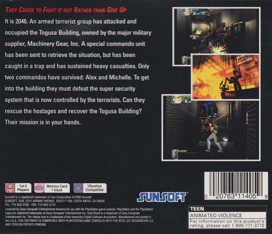 
T.R.A.G.: Tactical Rescue Assault Group - Mission of Mercy | PlayStation | back cover | Region: North America | source-country=Canada,United States | Data by MobyGames.com
