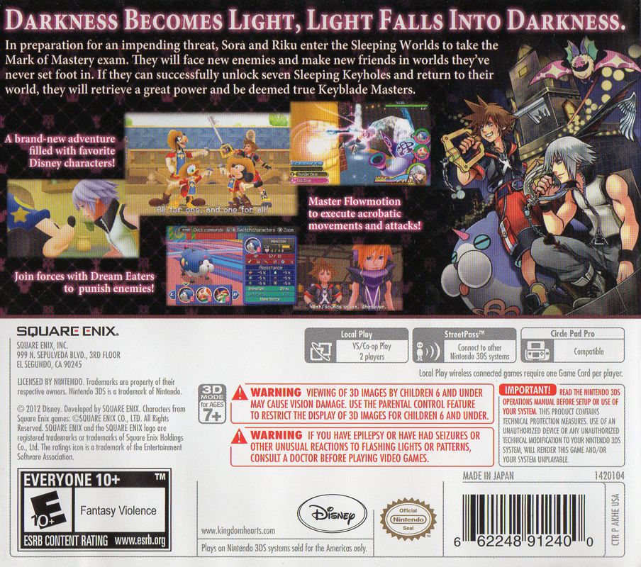 
Kingdom Hearts 3D: Dream Drop Distance | Nintendo 3DS | back cover | Data by MobyGames.com