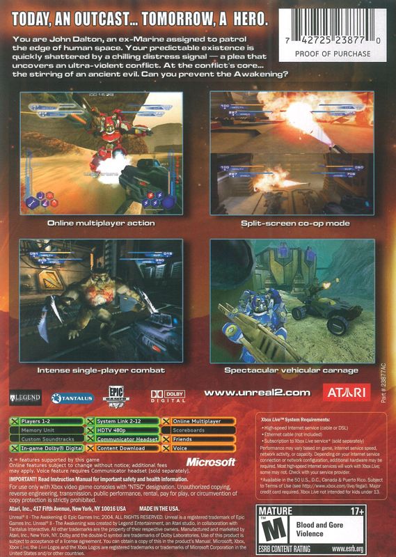 
Unreal II: The Awakening | Xbox | back cover | Data by MobyGames.com