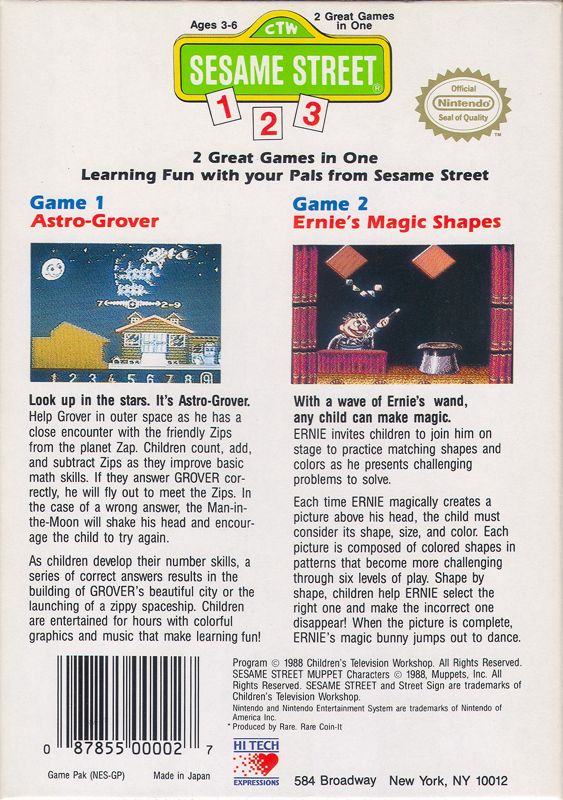 
Sesame Street 1 2 3 | NES | back cover | Data by MobyGames.com