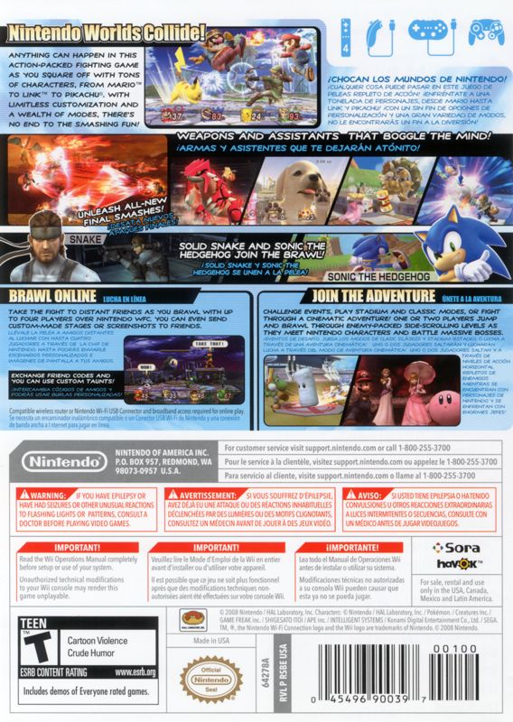 Super Smash Bros. Brawl | Wii | back cover | region=North America | source-country=Canada,Mexico,Other,United States | zypher-v2 | moby-81c08c36b33f | Data by MobyGames.com