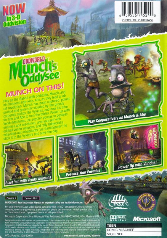 Oddworld: Munch's Oddysee | Xbox | back cover | region=North America | source-country=United States | zypher-v2 | moby-2b3632b8e9ae | Data by MobyGames.com