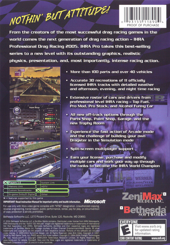 IHRA Professional Drag Racing 2005 | Xbox | back cover | region=North America | source-country=United States | zypher-v2 | moby-147b1f2bee18 | Data by MobyGames.com