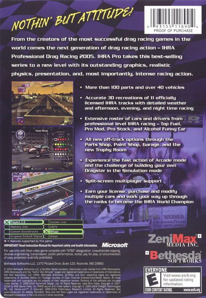 IHRA Professional Drag Racing 2005 | Xbox | back cover | region=North America | source-country=United States | zypher-v2 | moby-147b1f2bee18 | Data by MobyGames.com