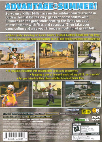 Outlaw Tennis | PlayStation 2 | back cover | region=North America | source-country=Canada,United States | zypher-v2 | moby-603c7d6cd8e9 | Data by MobyGames.com