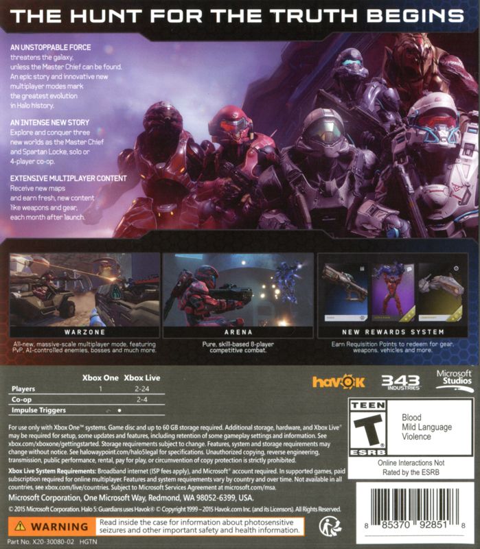 
Halo 5: Guardians | Xbox One | back cover | Data by MobyGames.com