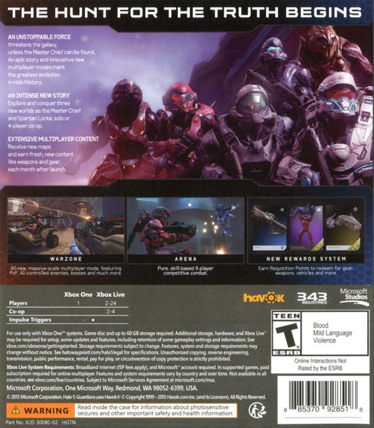 Halo 5: Guardians | Xbox One | back cover | region=North America | source-country=United States | zypher-v2 | moby-fd1abc263304 | Data by MobyGames.com