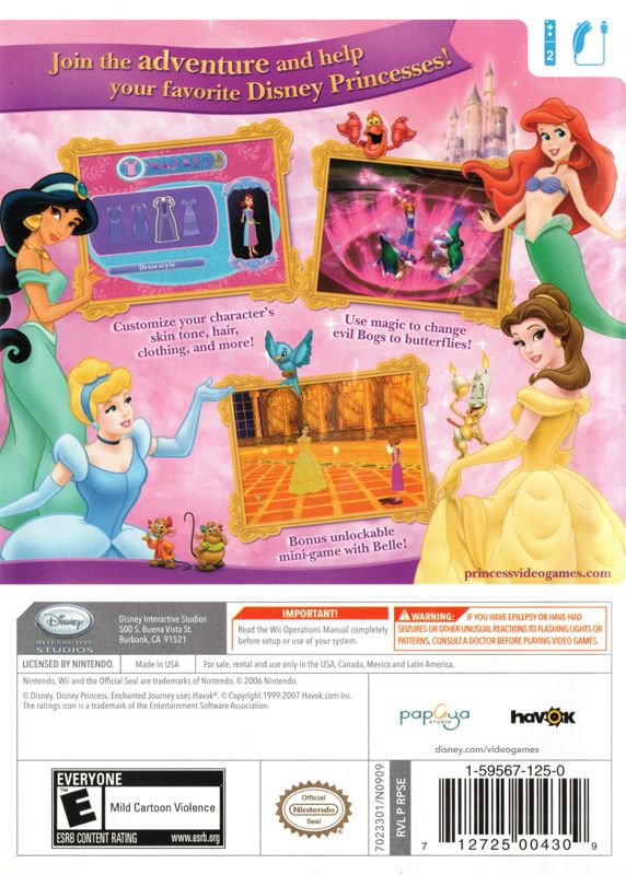 Disney Princess: Enchanted Journey | Wii | back cover | region=North America | source-country=United States | zypher-v2 | moby-0c366d3f316c | Data by MobyGames.com