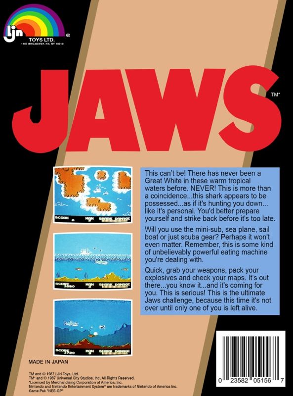 
Jaws | NES | back cover | Data by MobyGames.com