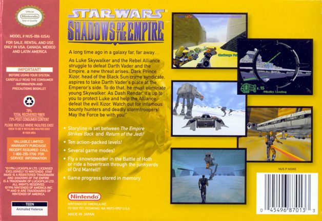 
Star Wars: Shadows Of The Empire | Nintendo 64 | back cover | Data by MobyGames.com