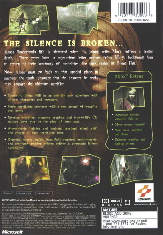 Silent Hill 2: Restless Dreams | Xbox | back cover | Region: North America | source-country=United States | Data by MobyGames.com